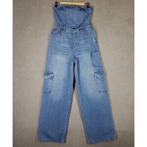 Wild Fable Denim Jean Jumpsuit Women's XS Cargo Wide Leg Strapless Y2K Blue 29"